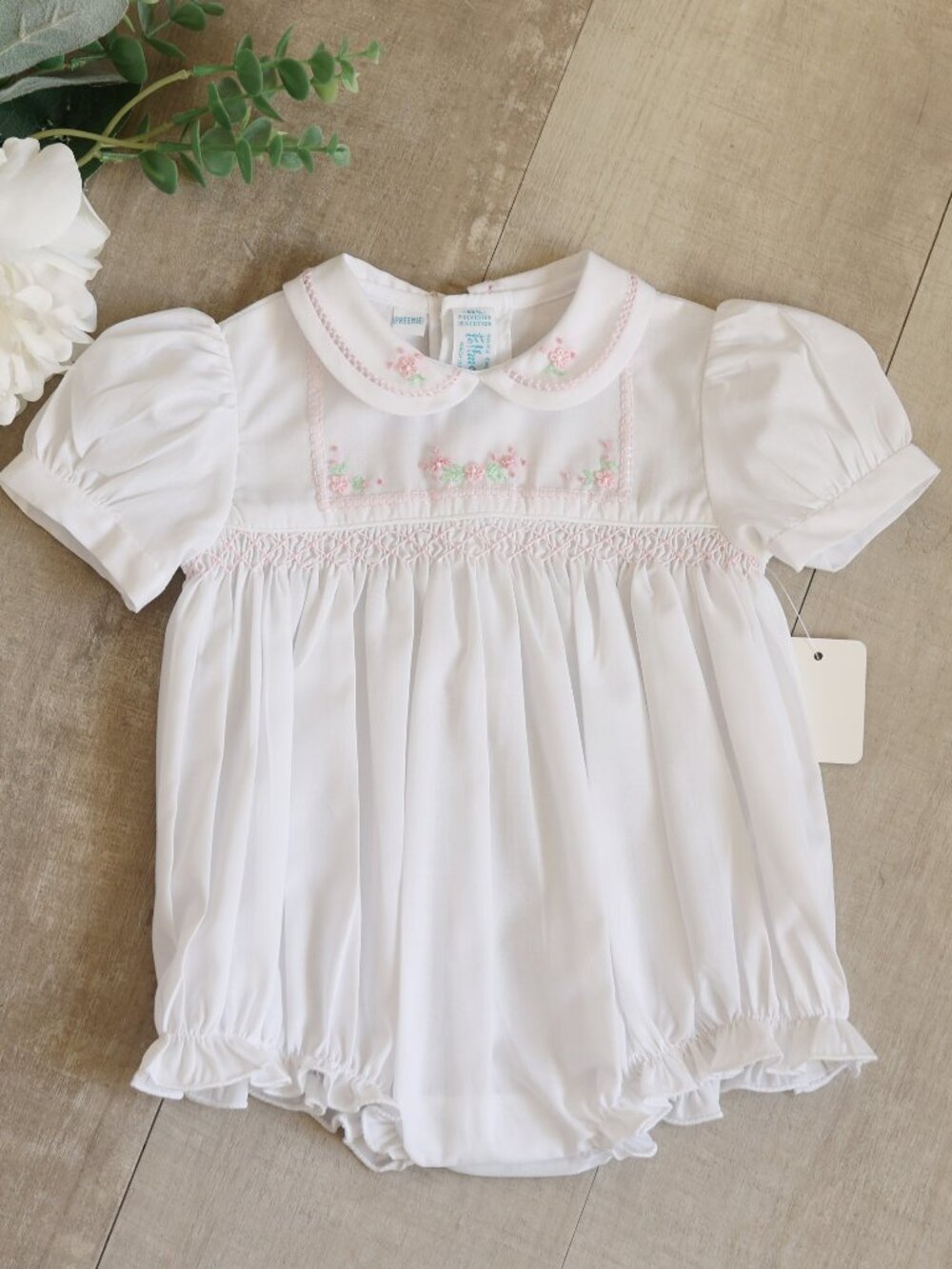 White Smocked Heirloom Bubble Romper Preemie Reborn Doll Feltman Brothers